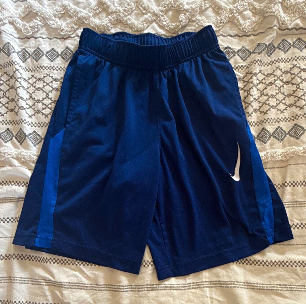 Nike Boys Athletic Shorts M Blue Solid Logo Polyester Knit Elastic Waist CJ9272